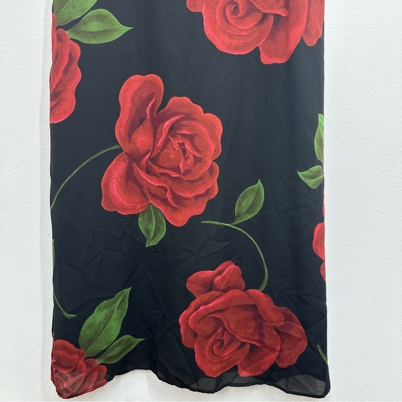 Vintage 90s Classic Red Rose Black Midi Dress Grunge Rachel Green Romantic - Picture 3 of 5